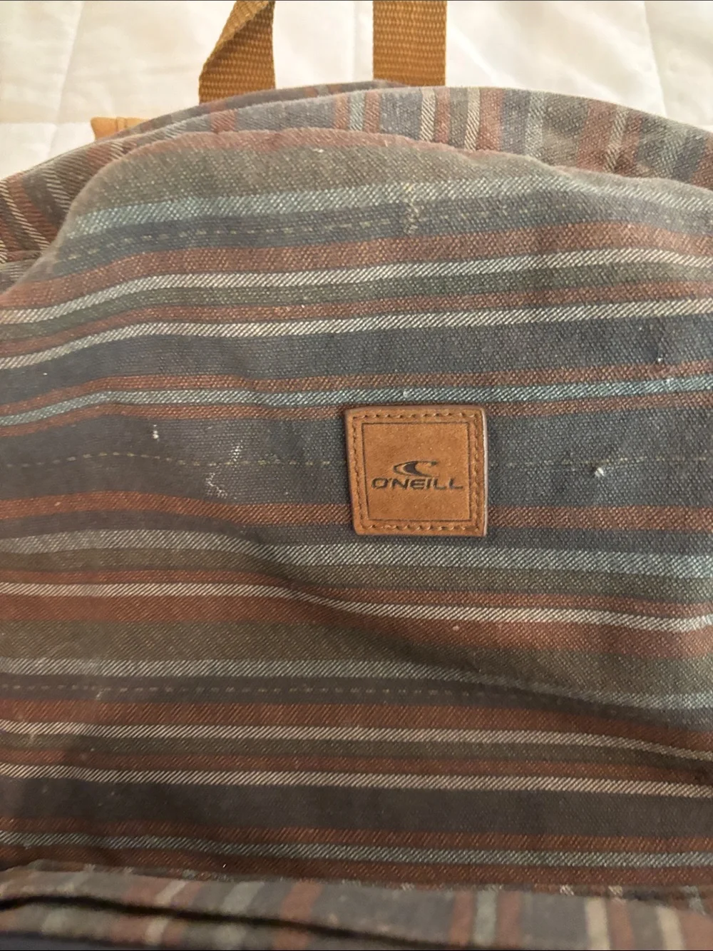 Vintage O’Neill Striped Canvas Backpack with Tan Suede Base